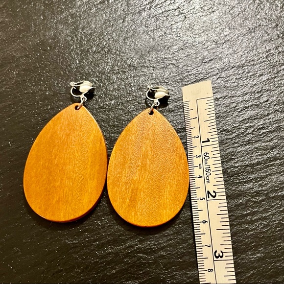 Boho Wooden Dangle Drop Clip On Teardrop Shape Earrings - Picture 6 of 9